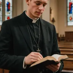 Ksiądz w kościele czyta Biblię. Zastanawia się, czy palcówka to grzech, szukając odpowiedzi w świętych księgach.