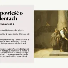 Obraz przedstawia scenę z przypowieści o talentach: pan rozdaje pieniądze sługom.