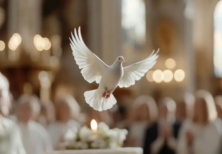 Biały gołąb symbolizujący Ducha Świętego unosi się nad zgromadzonymi w kościele. Czy na bierzmowanie dostaje się prezenty?