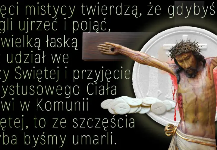 Ofiarowanie podczas mszy to przyjęcie Ciała i Krwi Chrystusa. Obraz przedstawia ukrzyżowanego Jezusa i hostie.