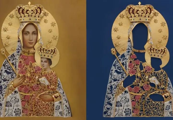 Dwie wersje ikony Matki Boskiej z Dzieciątkiem, ukazujące, jak wyglądała Maryja w bogatych szatach i koronach, ozdobione różami.