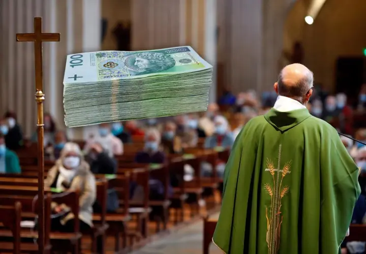Ksiądz w zielonej szacie podczas mszy, obok krzyża stos banknotów. Ile kosztuje msza w intencji zmarłego?