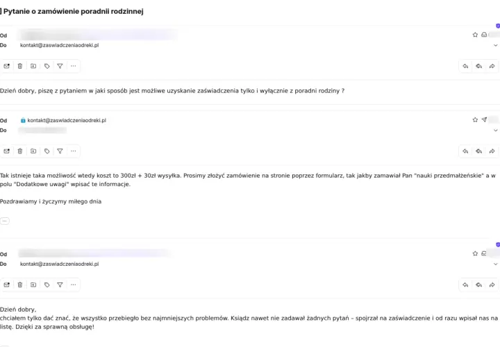 Jak wygląda zaświadczenie o bierzmowaniu? Wymiana maili z poradnią rodzinną wyjaśnia, jak je zamówić i potwierdza sprawną obsługę.