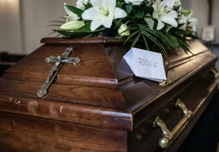 Drewniana trumna z krzyżem i kwiatami. Na wieczku karteczka z napisem "7000 zł", sugerująca, ile kosztuje pogrzeb katolicki.