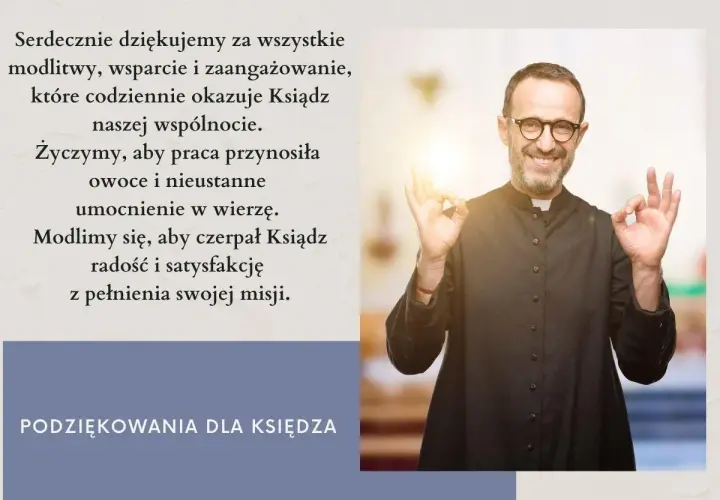 Uśmiechnięty ksiądz w sutannie pokazuje gest "OK". Podziękowania dla księdza za modlitwy i wsparcie. Jak podziękować księdzu?