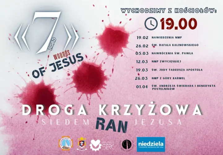 Plakat informuje o terminach Drogi Krzyżowej o 19:00, z datami i tematami rozważań.