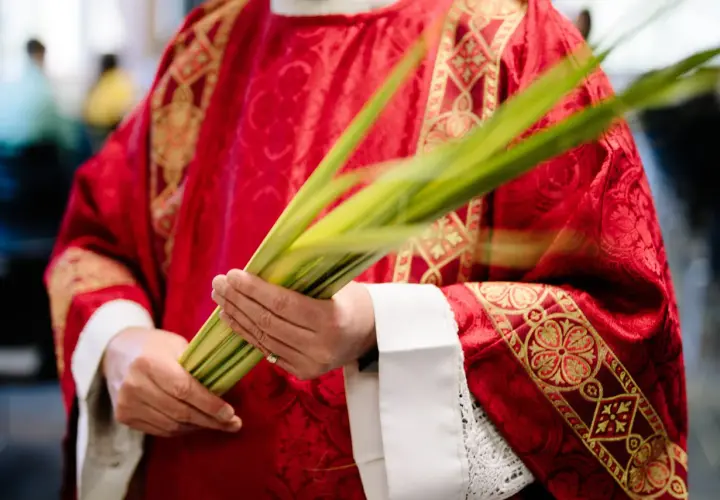Kapłan w czerwonej, bogato zdobionej szacie trzyma gałązki palmowe. Długość mszy w Niedzielę Palmową zależy od parafii.