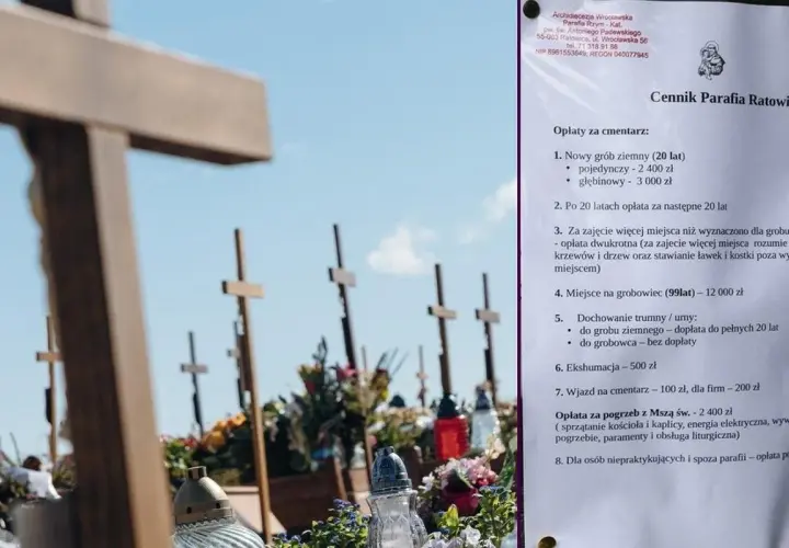 Cmentarz z krzyżami i zniczami. Cennik parafii wymienia opłatę za pogrzeb z Mszą św.