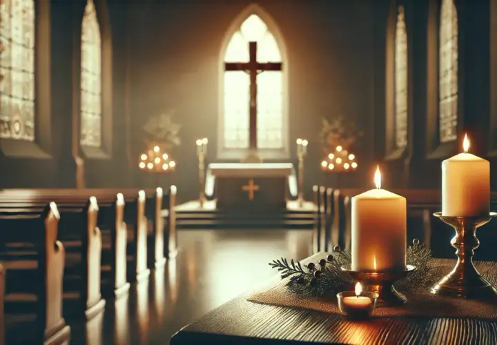 Wnętrze kościoła, ławki, ołtarz z krzyżem i płonące świece. Czas żałoby po mężu jest trudny, ale światło świec symbolizuje nadzieję.