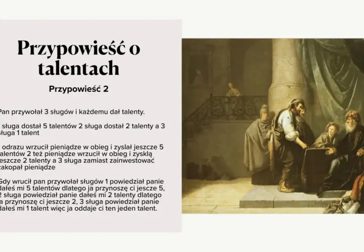 Obraz przedstawia scenę z przypowieści o talentach: pan rozdaje pieniądze sługom.