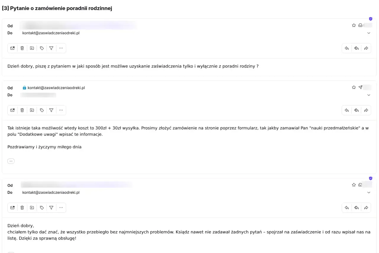 Jak wygląda zaświadczenie o bierzmowaniu? Wymiana maili z poradnią rodzinną wyjaśnia, jak je zamówić i potwierdza sprawną obsługę.