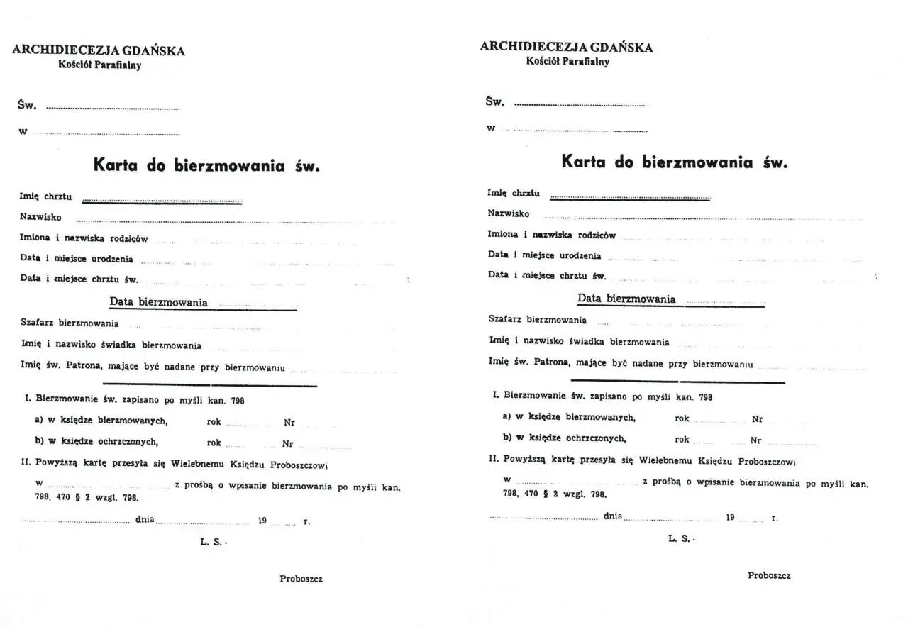 Karta do bierzmowania św. z Archidiecezji Gdańskiej zawiera dane o chrzcie, bierzmowaniu i świadkach.