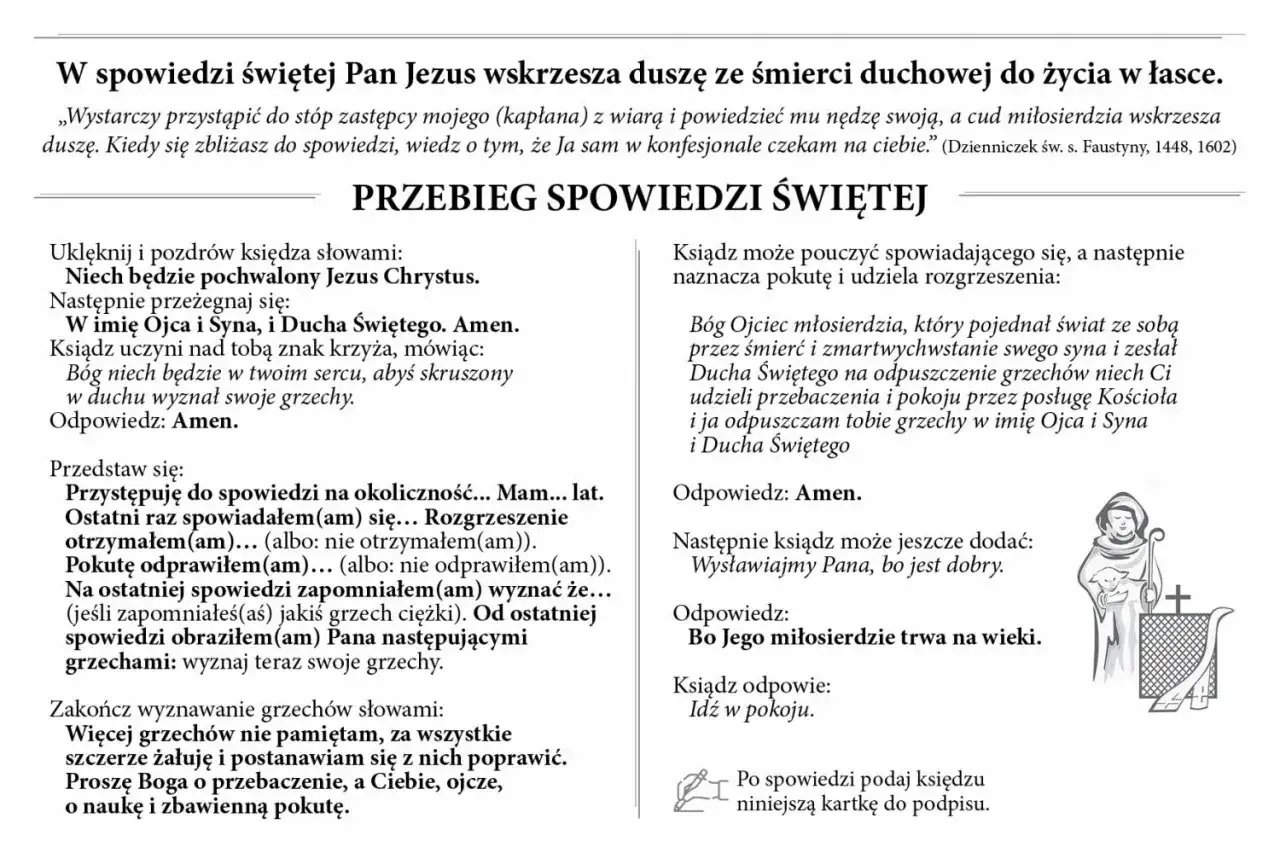 Tekst opisuje przebieg spowiedzi świętej, wyjaśniając, czy spowiedź jest obowiązkowa i jak się do niej przygotować.